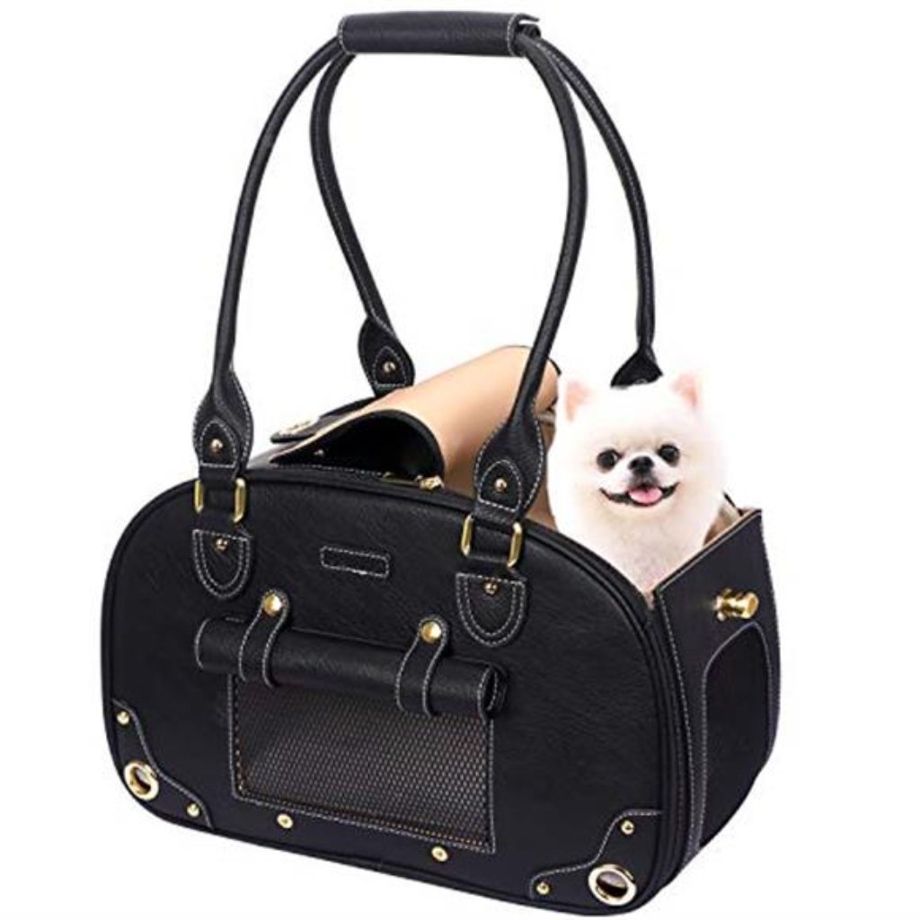 New Luxury Black Leather Dog Carrier Purse Pet Carrier